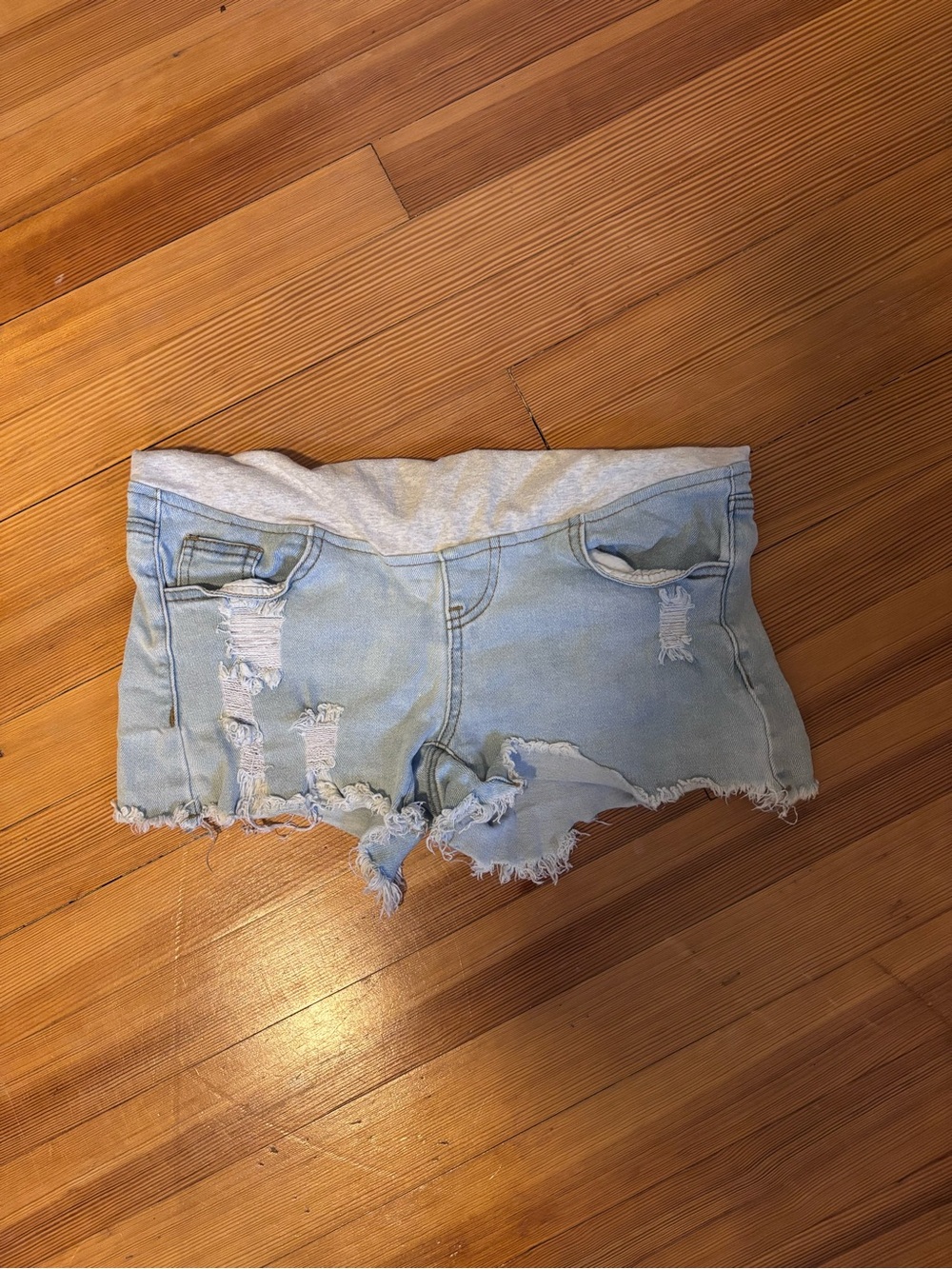 Light Blue Distressed Denim Women’s Maternity Shorts (Small)